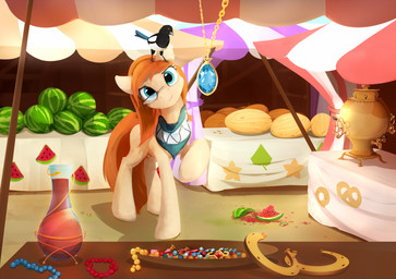 anthro biped blue_eyes brown_hair carrying_another chamoe_melon detailed_background eyelashes eyewear female food fruit gem glasses hair hooves melon on_head plant sapphire_(gem) solo standing watermelon scootiebloom hasbro my_little_pony fan_character avian bird corvid earth_pony equid equine eurasian_magpie holarctic_magpie horse magpie_(corvid) mammal oscine passerine pony hi_res