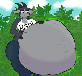 anthro belly belt big_belly big_breasts big_butt black_lips bloated bottomwear breasts bubble butt cleavage clothed clothing cloud crop_top day denim denim_bottomwear denim_clothing detailed_background digestion digestion_noises ear_piercing ear_tag eyelashes female female_pred fingers fully_inside fur grass grey_body grey_fur hand_imprint hand_on_belly hand_on_own_belly hooved_fingers hooves horn huge_belly imprint jeans lips looking_at_belly looking_at_own_belly motion_lines motion_outline muffled navel outside pants piercing plant rumbling_stomach shirt side_butt sky solo text text_on_clothing text_on_shirt text_on_topwear thick_thighs topwear tree tremble_spikes unseen_prey vore vowelless vowelless_vocalization yellow_eyes 9xrenex9 coffee_stain_studios epic_games fortnite goat_simulator pilgor_(goat_simulator) bovid caprine goat mammal 2025 absurd_res hi_res