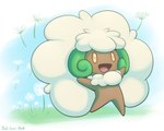 2_horns ambiguous_gender brown_body brown_eyes day grass green_text hair horn open_mouth open_smile outside plant sky smile solo text tongue sol-lar-bink nintendo pokemon generation_5_pokemon pokemon_(species) whimsicott 2024 5:4 artist_name digital_media_(artwork) hi_res