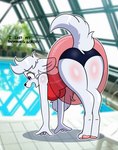 anthro bent_over big_breasts breasts butt clothed clothing female fluffy fluffy_tail frustrated fur hair leaning leaning_forward poolside presenting presenting_hindquarters solo swimwear tail white_body white_fur nicky_illust that_pool blanca_(nicky_illust) canid canine canis domestic_dog mammal nordic_sled_dog samoyed spitz hi_res