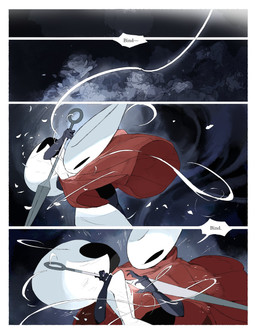 anthro biped black_body black_eyes cloak clothing detailed_background dialogue duo dying empty_eyes eyes_closed female female_anthro female_humanoid holding_another hornet's_needle mouthless red_cloak red_clothing silk speech_bubble text unconscious white_body darkdog hollow_knight:_silksong hollow_knight_(franchise) team_cherry hornet_(hollow_knight) lace_(hollow_knight:_silksong) arthropod humanoid 2025 absurd_res comic digital_drawing_(artwork) digital_media_(artwork) english_text hi_res
