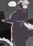 anthro apron apron_only big_breasts big_butt black_body breasts butt claws clothing curvy_figure detailed_background dialogue digitigrade elderly elderly_female fangs female fur genitals hair horn huge_breasts looking_at_viewer mature_female mostly_nude non-mammal_breasts nude open_mouth open_smile overweight pussy red_eyes scar smile solo speech_bubble tail teeth text thick_thighs voluptuous white_hair wide_hips tolerain european_mythology mythology vyxen_(tolerain) dragon mythological_creature mythological_scalie scalie western_dragon absurd_res english_text hi_res