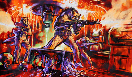 ak-47 ak_platform anthro assault_rifle bow_tie clenched_teeth clothed clothing destruction explosives fire fur grenade group gun gunfire laboratory laser machine_gun male ranged_weapon rifle teeth topless trio weapon graham_humphreys island_of_dr_moreau canid canine domestic_pig hybrid hyena mammal suid suine sus_(pig) hi_res