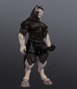 abs animal_genitalia animal_penis anthro balls_outline barefoot biceps black_body black_bottomwear black_clothing black_hair black_pants black_penis bottomwear brown_eyes bulge clothed clothing cross cross_necklace detailed_bulge equine_genitalia equine_penis erection feet fishnet_clothing fishnet_topwear front_view genital_outline genitals glistening glistening_eyes gloves_(marking) grey_hooves hair hooves inverted_cross jewelry leg_markings looking_at_viewer male markings mouth_closed muscular muscular_anthro muscular_male narrowed_eyes necklace pants pecs penis penis_poking_out penis_through_fly simple_background socks_(marking) solo standing topwear white_body laser_(artist) equid equine horse mammal full-length_portrait hi_res portrait signature