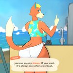 anthro back_boob big_breasts big_butt blue_eyes breasts butt female food_print fur orange_body orange_fur small_waist solo speech_bubble text thick_thighs towel wide_hips jigglephysics animal_crossing nintendo audie_(animal_crossing) canid canine canis mammal wolf 1:1 absurd_res english_text hi_res