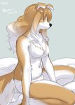 anthro belly blush bow_bra bow_panties bow_underwear bra breasts clothed clothing female fur hair kemono panties ribbons simple_background solo tan_body tan_fur text underwear underwear_only white_belly white_bra white_clothing white_panties white_underwear kikurage inukoro_(kikurage) koriyama_meiko canid canine canis domestic_dog mammal character_name digital_media_(artwork) shaded