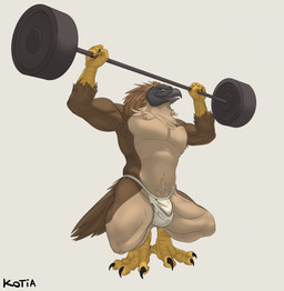 abs anthro armpit_hair beak biceps body_hair bulge claws clothing crouching exercise feathers feet jockstrap looking_at_viewer male muscular muscular_anthro muscular_male open_mouth pecs raised_arm raised_leg simple_background solo talon_hands talons toes underwear weightlifting weights workout kotia pirate_eagle accipitrid accipitriform avian bird eagle philippine_eagle hi_res