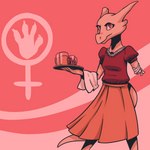 2_horns amputee anthro bald bandaged_stump bottomwear breasts clothed clothing container cup disability eyelashes female female_symbol fully_clothed gender_symbol glass glass_container glass_cup holding_plate horn medium_breasts missing_arm mug orange_bottomwear orange_clothing orange_skirt pink_background red_clothing red_eyes red_shirt red_topwear shirt simple_background skirt snout solo standing symbol tail three-quarter_view topwear deer_(artist) arzfayz_amazing_adventure_quest women's_day arzfayz kobold scalie 1:1 2019 digital_media_(artwork) hi_res portrait three-quarter_portrait