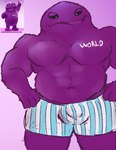 anthro barazoku belly black_sclera boxers_(clothing) bulge clothed clothing front_view hands_on_hips looking_at_viewer male mascot musclegut muscular muscular_male open_mouth pattern_clothing pattern_underwear purple_background purple_body purple_skin simple_background solo striped_clothing striped_underwear stripes text text_on_body tongue underwear underwear_only gaygoat yapikredi vadaaa ambiguous_species absurd_res colored_sketch hi_res portrait reference_image sketch three-quarter_portrait