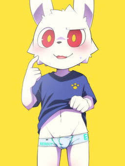 anthro blue_clothing blue_seam_underwear blue_shirt blue_topwear blue_underwear blush blushing_at_viewer bodily_fluids bottomwear bulge clothed clothing clothing_lift colored_seam_underwear crotch_lines detailed_bulge exposed_belly footprint genital_outline gesture grey_clothing grey_underwear hand_gesture kemono looking_at_viewer male male_anthro navel open_mouth pawprint paws penis_outline pointing pointing_at_self presenting presenting_belly pupils red_eyes shirt shirt_lift simple_background smile smiling_at_viewer solo sweat tight_bottomwear tight_clothing tight_underwear topwear topwear_lift underwear yellow_background yellow_pupils young young_anthro young_male ko-gami hantsuki_(ko-gami) lagomorph leporid mammal rabbit 2021 3:4 digital_media_(artwork) hi_res