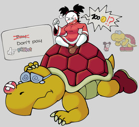 4_fingers 5_fingers angry anthro black_text blush blush_stickers bodily_fluids breasts brown_clothing brown_footwear brown_shoes bump claws clothed clothed_female clothed_humanoid clothing cloud_emanata coin defeated duo emanata eyelashes eyewear female female_humanoid finger_claws fingers fist footwear glasses grey_background hand_on_head hand_on_knee hand_on_leg hand_on_own_head hand_on_own_knee hand_on_own_leg hooded_robe interrobang larger_anthro larger_male looking_at_another looking_down looking_down_at_another lying male male_anthro medium_breasts multicolored_text on_front one_eye_half-closed open_mouth pigtails pink_blush pink_tongue pointy_speech_bubble rainbow_text red_clothing red_footwear red_robe red_shell red_shoes robe round_glasses scales sharp_teeth shell shoes short_tail simple_background sitting size_difference smaller_female smaller_humanoid speech_bubble spiral spiral_eyes tail tears teeth text text_box text_box_prompt tongue wavy_mouth wearing_glasses white_body white_mask white_skin yellow_body yellow_scales yellow_tail genocityzone mario_bros nintendo paper_mario paper_mario_(2000) kent_c._koopa sadie_(genocity) bandit_(mario) humanoid koopa koopa_troopa reptile scalie turtle 2025 digital_media_(artwork) english_text hi_res