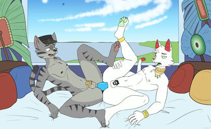 4_toes 5_fingers anal anal_penetration anklet anthro ass_to_ass balls barred_chastity_cage bent_legs biped bodily_fluids bracelet chastity_cage chastity_device cheek_tuft chest_tuft claws clothing cloud day detailed_background dildo dildo_in_ass dildo_insertion double_dildo duo ear_piercing ear_ring facial_tuft fangs feet fingers footsie fur genital_fluids genitals gold_(metal) gold_chastity_cage gold_chastity_device gold_jewelry grabbing_sheets green_sclera grey_body grey_fur half-closed_eyes hat hat_only headgear headgear_only headwear headwear_only holding_leg holding_thigh humanoid_hands jewelry leaking_precum looking_pleasured lying male male/male male_anthro markings mostly_nude mostly_nude_anthro mostly_nude_male mutual_chastity narrowed_eyes navel necklace nipples nude nude_anthro nude_male object_in_ass on_back open_mouth pawpads paws penetration piercing pillow precum precum_string precum_while_chaste raised_leg ring_piercing sex_toy sex_toy_in_ass sex_toy_insertion sky striped_markings striped_tail stripes tail tail_markings teeth toe_claws toes tuft water wearing_chastity_cage wearing_chastity_device white_body white_fur scribefang sikra_(chilemeister) tumulus domestic_cat felid feline felis mammal 2025