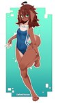 4_toes 5_fingers anthro barefoot biped brown_hair clothed clothing feet female fingers green_eyes hair looking_at_viewer one-piece_swimsuit smile solo swimwear toes coffeechicken kess_(coffeechicken) canid canine canis domestic_dog mammal digital_media_(artwork) hi_res shaded