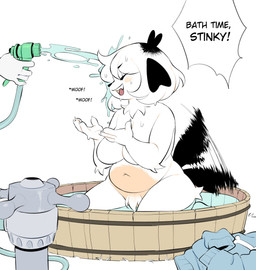 afterimage anthro arm_tuft bath belly big_breasts black_body black_fur breasts casual_nudity chest_tuft claws dialogue elbow_tuft eyes_closed featureless_breasts female finger_claws fur hair hose kneeling mostly_offscreen_character multicolored_body multicolored_fur navel open_mouth outside partially_submerged pubes slightly_chubby smile solo sound_effects speech_bubble spraying spraying_water tail tail_motion tailwag tan_body tan_fur text thick_thighs tuft washtub water wet white_body white_fur white_hair white_pubes gaboy pepper_(fawnpawss) canid canine canis domestic_dog mammal absurd_res digital_media_(artwork) english_text hi_res
