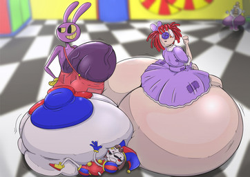 anthro areola big_areola big_breasts big_butt big_nipples big_penis black_eyes blue_areola blue_nipples breasts brown_hair butt clothing doll dress female fool's_hat genitals gloves group hair handwear hat headgear headwear huge_areola huge_breasts huge_butt huge_nipples huge_penis hyper hyper_breasts hyper_butt hyper_genitalia hyper_penis looking_at_viewer looking_back male mismatched_nipples nipples overalls penis purple_body rag_doll_(toy) red_areola red_eyes red_nipples robe tan_body trio_focus white_body yellow_sclera joeblaydesign glitch_productions the_amazing_digital_circus jax_(tadc) kinger_(tadc) pomni_(tadc) ragatha_(tadc) animate_inanimate humanoid lagomorph leporid living_chess_piece living_doll mammal rabbit absurd_res hi_res