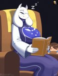 ambiguous_gender anthro armchair big_breasts book breasts chair clothing duo eyebrows eyes_closed eyewear female fur furniture glasses horn huge_breasts mature_female sitting sleeping sound_effects vowelless vowelless_sound_effect white_body white_fur zzz lyorenth-the-dragon undertale undertale_(series) frisk_(undertale) toriel boss_monster_(undertale) bovid caprine goat human mammal hi_res