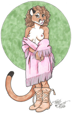 anthro black_body black_fur boots breasts brown_body brown_eyes brown_fur brown_hair clothed clothing dress female footwear fur hair leather leather_boots leather_clothing leather_footwear looking_at_viewer nipples shoes solo standing tan_body tan_fur topless terrie_smith cougar felid feline mammal 2026