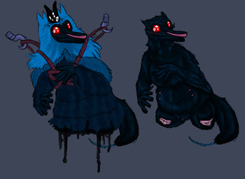 amputee anthro belly_nipples black_body black_feathers blue_markings cape cloak clothing crown disability double_amputee feathers female genitals headgear hook iridescent markings mismatched_pupils missing_leg overweight red_eyes red_markings rope scar sideways_mouth solo tail_injury vulva wounded welcometaco cult_of_the_lamb massive_monster_(studio) chemach_(cult_of_the_lamb) anatid anseriform avian bird dinosaur duck feathered_dinosaur feathered_scalie prehistoric_species reptile scalie hi_res
