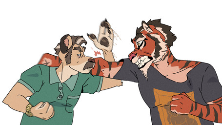anthro brown_body brown_fur brown_hair clock clothing collared_shirt constricted_pupils duo eyebrows facial_hair fur hair imminent_attack male motion_blur motion_lines mustache orange_body orange_fur parry pawpads polo_shirt punch pupils raised_arm shirt short_hair sideburns simple_background small_pupils striped_body striped_fur stripes thick_eyebrows topwear watch wristwatch ruffu pepper_in_the_sandbox alamsa_(ruffu) unnamed_character felid lion mammal pantherine tiger 16:9 digital_drawing_(artwork) digital_media_(artwork) half-length_portrait hi_res portrait widescreen