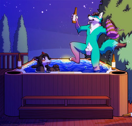 alcohol ambiguous_gender animal_genitalia anthro balls bathtub beverage blush bottle bros_being_bros casual_exposure casual_nudity container detached_sheath detailed_background drunk duo embarrassed eyes_closed fully_sheathed genitals holding_bottle holding_container holding_object hot_spring hot_tub male nude onsen open_mouth outside partially_submerged party plant sheath shy sitting standing star substance_intoxication tree water wet nowandlater canid canine canis domestic_dog fox husky hybrid mammal nordic_sled_dog spitz wolf wolfdog 2015 digital_media_(artwork)