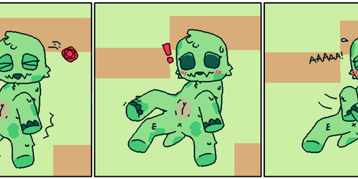 3_panel_comic 4_legs accident accidental_exposure anus big_pupils blush blush_lines bodily_fluids border cheek_tuft chest_tuft clitoral_hood clitoris covering covering_crotch covering_self covering_vulva emanata embarrassed exclamation_point eyelashes eyes_closed facial_tuft falling falling_over fangs feet female feral flower fluffy genitals grass green_body head_tuft impact_lines looking_at_own_pussy lying motion_lines mottled nude on_back open_mouth outside pink_vulva plant pupils rose_(flower) short_tail simple_background solo spread_legs spreading sweat sweatdrop tail teeth text toes tuft vulva white_border x_anus yelling pixel_vibri microsoft minecraft mojang xbox_game_studios rose_(pixel_vibri) creeper_(minecraft) 2025 3:1 aliasing comic digital_media_(artwork) english_text hi_res