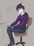 alternate_species anthro bottomwear chair clothed clothing dialogue footwear fully_clothed furniture furrification hoodie male office_chair pants shoes sitting solo talking_to_viewer text topwear fuze stardew_valley sebastian_(stardew_valley) canid canine canis mammal wolf 3:4 english_text hi_res