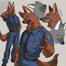 anthro black_nose clothed clothing fangs fluffy fluffy_tail fur gesture hand_gesture male necktie pointing pointy_ears police police_uniform red_body red_fur simple_background solo tail teeth text uniform etceteraart canid canine canis domestic_dog german_shepherd herding_dog mammal pastoral_dog 1:1 2025 artist_name hi_res