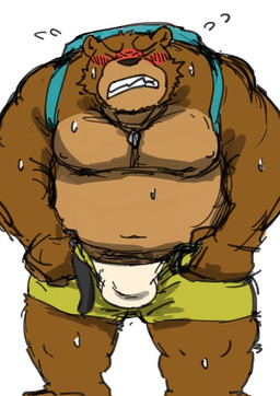 anthro backpack blush bottomwear brown_body brown_fur bulge clothing fur jewelry kemono male musclegut muscular necklace overweight overweight_anthro overweight_male shorts solo underwear white_clothing white_underwear yellow_bottomwear yellow_clothing araiguma_11 banjo-kazooie rareware banjo_(banjo-kazooie) bear mammal 2017