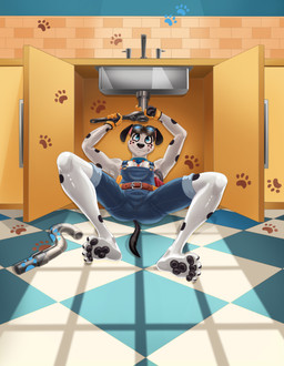 4_toes aged_up anthro anthrofied barefoot black_pawpads blush claws clenched_teeth clothed clothing collar eyewear eyewear_on_head feet fingers fur gloves goggles goggles_on_head handwear holding_object holding_tool lying male on_back overalls pawpads paws plantigrade plumbing plumbing_pipe sink soles solo spread_legs spreading tail teeth toe_claws toes tools dal101strefan 101_dalmatian_street 101_dalmatians disney dawkins_(101_dalmatians) canid canine canis dalmatian domestic_dog mammal digital_media_(artwork) hi_res