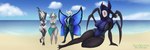 2_horns 5_fingers 6_eyes anthro beach big_breasts bikini biped black_body black_eyes blue_eyes blush breasts clothed clothing cloud female fingers flustered group hood horn mask mature_female multi_eye on_ground one-piece_swimsuit outside sand sea sky solo spider_legs standing swimwear text thick_thighs two-piece_swimsuit water wings mrsaitheon hollow_knight team_cherry herrah_(hollow_knight) isma_(hollow_knight) arachnid arthropod butterfly insect lepidopteran spider 2024 absurd_res digital_media_(artwork) english_text hi_res