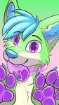 absurd_res anthro beverage blue_body blue_claws blue_fur blue_inner_ear blue_nose bodily_fluids brisk_(brisky~) brisky~ canid canine canis claws colored_saliva flavored_saliva fur gradient_background grape_soda green_body green_fur hi_res licking_screen looking_at_viewer male mammal pawpads paws purple_eyes purple_pawpads purple_saliva purple_tongue saliva saliva_string simple_background soda solo tongue unusual_bodily_fluids unusual_saliva white_body white_fur wolf