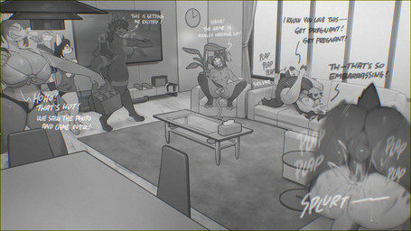 anthro anthro_on_anthro anthro_penetrated anthro_penetrating anthro_penetrating_anthro balls big_breasts big_butt biped birthday birthday_sex blush bodily_fluids breasts butt cleavage clothed clothing cum cum_in_vagina cum_inside detailed_background dialogue electronics emanata female female_penetrated from_front_position furniture genital_fluids genitals group impregnation_request inside leg_wrap lying male male/female male_penetrating masturbation mating_press multicolored_body nude nude_anthro nude_female on_back onomatopoeia open_mouth penetration penile penile_penetration penis plap_(sound) sex shirt smile sofa sofa_sex sound_effects splurt spread_legs spreading television text topwear vaginal vaginal_masturbation vaginal_penetration sincrescent hush_(demivo) iliya_(jigrasmut) zock bovid canid canine caprine lagomorph leporid mammal rabbit rodent 16:9 english_text hi_res widescreen