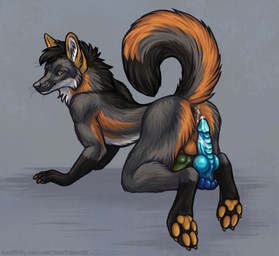 after_anal all_fours animal_genitalia animal_penis anthro black_body black_fur blue_dildo canine_genitalia canine_penis dildo erection fangs fur genitals glistening glistening_eyes green_background green_eyes green_penis grey_body grey_fur male male_anthro mouth_closed nude orange_body orange_fur orange_pawpads pawpads penis ridged_dildo sex_toy side_view simple_background solo teeth whiskers white_body white_fur heatherwolf canid canine mammal