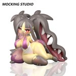 anthro armband big_breasts breasts clothed clothing face_veil female huge_thighs leaning looking_at_viewer simple_background solo thick_thighs white_background mockingldplayer nintendo pokemon generation_3_pokemon mawile pokemon_(species) 3d_(artwork) digital_media_(artwork) hi_res