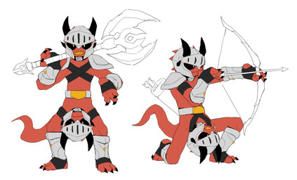 armor axe bow_(weapon) conjoined conjoined_at_midsection conjoined_twins duo foot_hands knight male ranged_weapon unusual_anatomy warrior weapon pastry404 demon humanoid imp hi_res