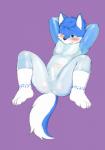 anthro balls blue_body blue_fur blush bodysuit bulge clothing erection foreskin fur genitals hands_behind_head humanoid_genitalia humanoid_penis male nipples penis retracted_foreskin simple_background skinsuit solo tight_clothing translucent translucent_clothing white_body white_fur young young_anthro fairwind canid canine canis mammal wolf absurd_res hi_res