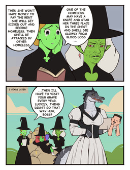 after_transformation anthro big_breasts book bookshelf breasts clothing dialogue dressing facial_hair female female_anthro female_on_human furniture green_body green_skin grey_body grey_scales group hair hat headgear headwear human_on_anthro inside interspecies larger_anthro larger_female licking licking_lips magic_user male male_human male_on_anthro money_bag mustache open_book red_eyes red_hair romantic romantic_couple scales sharp_teeth size_difference speech_bubble spikes tail teeth text thick_tail tongue tongue_out what witch witch_hat bonnymama7 elphaba_(bonnymama7) eve_(bonnymama7) maureen_(bonnymama7) crocodile crocodilian human humanoid mammal reptile scalie absurd_res comic english_text hi_res
