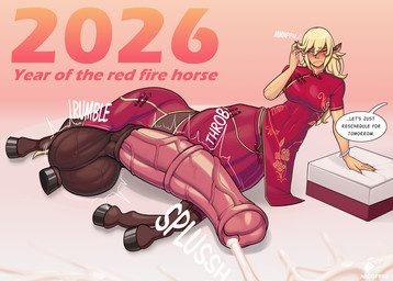 animal_genitalia animal_penis asian_clothing balls big_balls big_penis blonde_hair bodily_fluids chinese_clothing chinese_dress clothed clothing cum dress east_asian_clothing equine_genitalia equine_penis flared_penis genital_fluids genitals gynomorph hair hooves huge_balls huge_penis hyper hyper_balls hyper_genitalia hyper_penis intersex medial_ring penis quadruped solo speech_bubble text vein veiny_penis nicoffee chinese_zodiac european_mythology greek_mythology mythology year_of_the_horse centaur equid equid_taur humanoid_taur mammal mammal_taur taur 2026 english_text hi_res