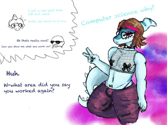 anthro bald biped blue_body bone_frill bottomwear brown_hair choker clothed clothed_anthro clothed_male clothing crop_top crossdressing cutaway dialogue duo eyeshadow eyewear femboy fingers fishnet_clothing fishnet_crop_top frill_(anatomy) gesture glasses grey_bottomwear grey_clothing grey_pants hair half-closed_eyes hand_gesture highlights_(coloring) humanoid_hands jewelry looking_at_viewer makeup male markings medium_hair narrowed_eyes necklace nipple_tape panties pants pasties pink_hair pose purple_clothing purple_eyes purple_panties purple_underwear round_glasses shirt skimpy spiked_tail spikes spikes_(anatomy) striped_markings stripes stuttering sunglasses tail talking_to_another tape text topwear underwear v_sign caldinie1 cavemanon_studios i_wani_hug_that_gator benjamin_mcknight inco_(iwhtg) dinosaur hadrosaurid human mammal ornithischian ornithopod parasaurolophus prehistoric_species reptile scalie 4:3 colored english_text hi_res portrait three-quarter_portrait
