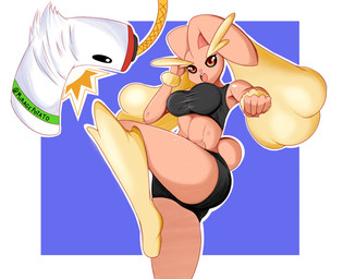 abs anthro athletic_wear bodily_fluids bottomwear bra breasts clothing female gym_bottomwear gym_shorts hitting punching_bag shirt shorts solo sports_bra sweat sweatdrop tank_top topwear underwear miragepotato nintendo pokemon generation_4_pokemon lagomorph leporid lopunny mammal pokemon_(species) rabbit hi_res