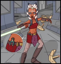 adolescent bandeau blue_eyes blue_lekku bottomwear breasts cleavage clothed clothing collarbone crop_top dark_hair female female_adolescent green_lightsaber holding_lighter holding_object inside light_body light_skin lighter lightsaber male male/female melee_weapon micro midriff miniskirt navel not_furry orange_body orange_skin shirt size_difference skirt smaller_male solo topwear tube_top weapon white_lekku young thor66 star_wars star_wars:_the_clone_wars ahsoka_tano alien b1_battle_droid battle_droid human humanoid mammal togruta
