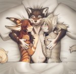 amber_eyes anthro bed bed_sheet bedding bisexual black_body black_claws black_fur black_nose black_paws blush breasts brown_body brown_fur brown_stripes chest_grab claws convenient_censorship cuddling ear_tuft female femboy fluffy fluffy_tail fur furniture grabbing_chest green_eyes grey_body grey_fur grey_stripes group group_hug hair hand_on_chest hug hugging_another inner_ear_fluff long_hair male male/female male/male markings mmf neck_tuft nude one_eye_closed one_eye_visible paws pillow pink_eyes pink_nose polyamory ponytail romantic romantic_polycule side_boob smile snout striped_body striped_fur striped_markings stripes tail tasteful tasteful_nudity teeth trio tuft white_body white_fur wink fiuefey happycube nara_sigrun_(character) troy_lesage canid canine canis domestic_cat felid feline felis lynx mammal wolf 2022 hi_res watermark