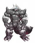 anthro armor athletic biceps big_muscles blue_eyes claws horn male muscular muscular_anthro muscular_male nude open_mouth pecs simple_background smile solo teeth tongue plain_white nintendo pokemon aggron generation_3_pokemon pokemon_(species) 2014