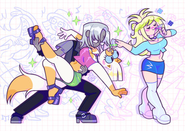 anthro blonde_hair blue_bottomwear blue_clothing blue_sclera blue_shirt blue_shorts blue_topwear boots bottomwear breasts canon_couple cleavage clothed clothing drunk duo facial_piercing female footwear graph_paper grey_body grey_clothing grey_footwear grey_hair grey_shoes grey_skin hair holding_glass holding_object holding_partner holding_shot_glass interspecies interspecies_romance jewelry latex latex_boots latex_clothing latex_footwear male male/female midriff navel necklace piercing pink_clothing pink_shirt pink_topwear pouring_drink pouring_liquid purple_clothing purple_footwear purple_shoes shirt shoes shorts substance_intoxication topwear white_boots white_clothing white_footwear cutkeyofhell adventure_time cartoon_network fionna_and_cake cake_the_cat fionna_the_human lord_monochromicorn domestic_cat felid feline felis human mammal 2025 absurd_res digital_drawing_(artwork) digital_media_(artwork) english_description hi_res