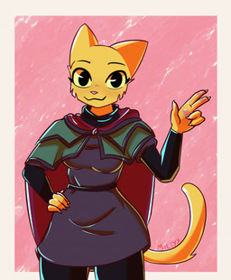 anthro border breasts claws cloak clothed clothing female finger_gun fingers fur gesture hand_gesture hand_on_hip handpads long_sleeves looking_at_viewer pawpads purple_clothing simple_background smile solo standing tail text topwear white_border yellow_body yellow_eyes yellow_fur myrapaws bethesda_game_studios microsoft prequel_adventure the_elder_scrolls katia_managan felid feline felis khajiit mammal 2026 artist_name digital_media_(artwork) hi_res
