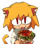 :3 blonde_hair cat_smile cheese clothing dairy_products featureless_hands female food hair holding_food holding_object inner_ear_fluff light_body light_skin looking_at_viewer meat open_mouth open_smile orange_hair orange_tail plant pupils raised_tail red_inner_ear_fluff red_pupils simple_background slit_pupils smile solo sweater tail topwear tuft vegetable white_background white_clothing white_sweater white_topwear yellow_tail paccha_(artist) tsukihime type-moon neco-arc animal_humanoid cat_humanoid domestic_cat felid felid_humanoid feline feline_humanoid felis humanoid mammal mammal_humanoid neco_spirit 2022