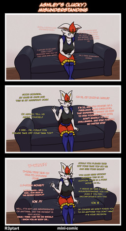 clothed clothing female fur furniture sofa solo surprised text white_body white_fur r3ptart nintendo pokemon cinderace generation_8_pokemon pokemon_(species) absurd_res comic hi_res