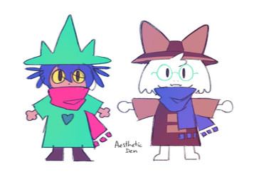 alternate_costume anthro black_eyes black_text blue_hair blue_scarf boots boots_only clothing clothing_swap cute_fangs duo eyewear fangs footwear footwear_only fur glasses green_clothing green_eyewear green_glasses green_hat green_headwear hair hat head_tuft headgear headwear looking_at_viewer male mostly_nude pink_scarf round_glasses scarf shirt shoes simple_background standing teeth text topwear tuft tunic wearing_glasses wearing_hat white_background yellow_sclera aestheticden deltarune oneshot undertale_(series) niko_(oneshot) ralsei bovid caprine domestic_cat felid feline felis goat mammal 2024 artist_name hi_res