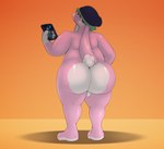 anthro backsack balls beanie big_butt butt casual_nudity cellphone clothing electronics fur genitals hat hat_only headgear headgear_only headwear headwear_only huge_butt long_ears looking_back male mostly_nude nude phone pink_body pink_fur rear_view scut_tail short_tail smartphone solo standing tail thick_thighs fawxythings lagomorph leporid mammal rabbit hi_res