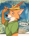 anthro brown_body brown_fur canid canine cheek_tuft clothing comic comic_frame disney facial_tuft feather_ornament fox fur hat hat_feather hat_ornament headgear headwear loose_feather male mammal multicolored_body multicolored_fur open_mouth red_fox robin_hood robin_hood_(disney) singing solo speech_bubble teeth text true_fox tuft two_tone_body two_tone_fur uochandayo white_body white_fur